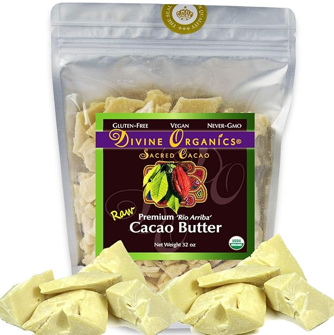 Divine Organics Raw Cacao Butter/Cocoa Butter - Certified Organic - Food Grade - Edible - Fragrant, Natural Skin Moisturizer (32 oz)