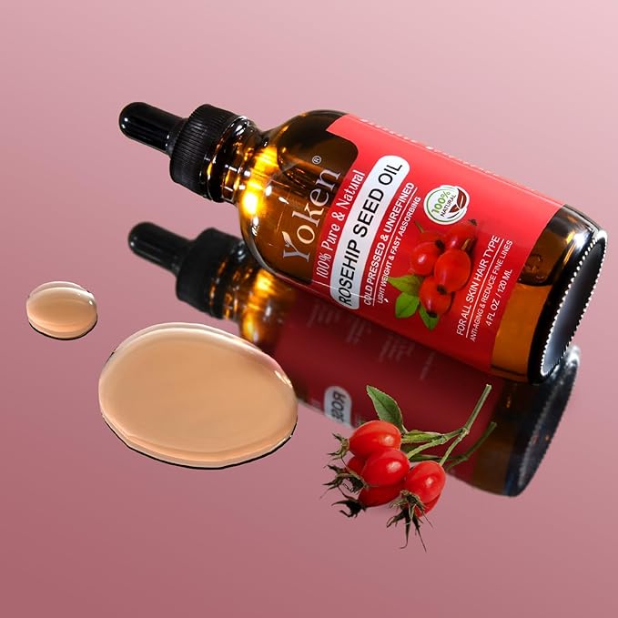Yoken Rosehip Seed Oil for Face, 100% Pure and Natural Cold Pressed Unrefined Organic Rosehip Carrier Oil for Skin, Hair, Body & Nails - Lightweight, Fast-Absorbing (4 fl oz)