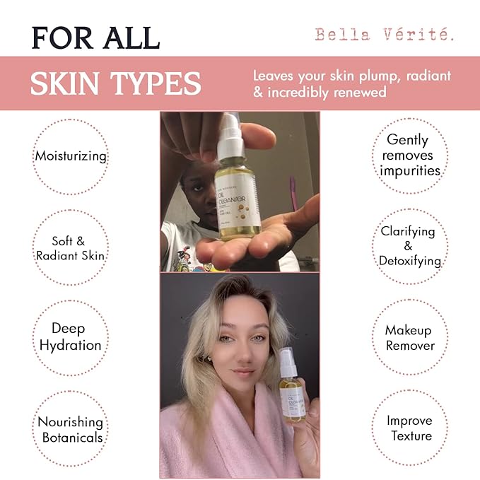 Bella Vérité.- Vegan, Dew Wonders Oil Cleanser w/Avocado, Rosehip, Almond & Apricot Oil to remove dirt, oil, sunscreen & stubborn makeup, Moisturizes, Leaves skin clean, soft & radiant, 1 Fl Oz