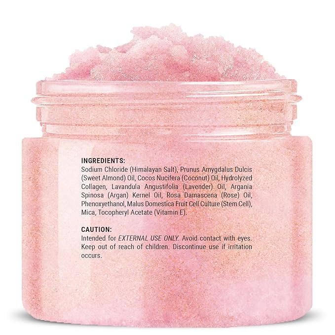 MYSTÉRE BEAUTÉ Himalayan Salt Body Scrub with Collagen & Rose Oil (12 oz) - Exfoliating Scrub for Cellulite, Acne, Scars & Stretch Marks - Deep Cleansing & Moisturizing - Natural Skin Care Gift
