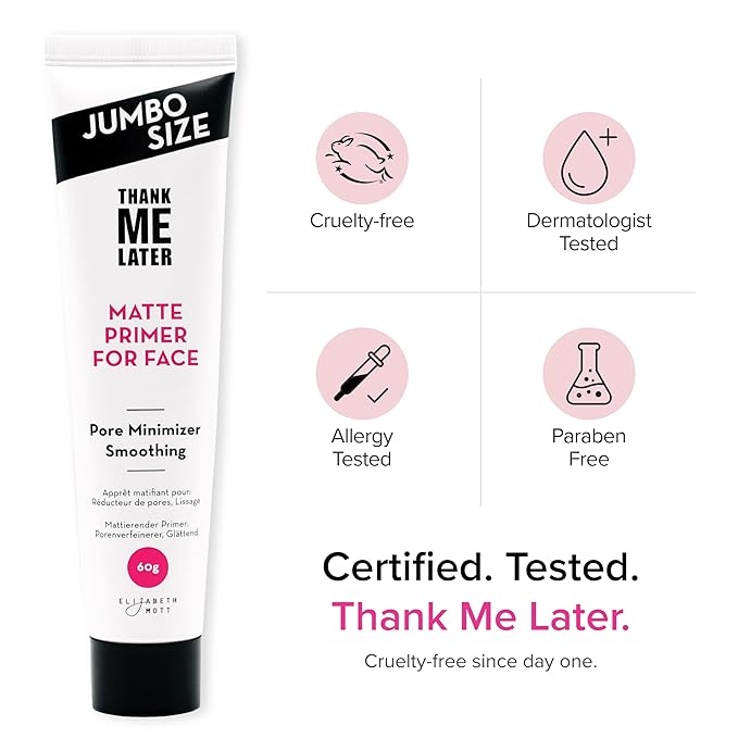 Elizabeth Mott Thank Me Later Face Primer - Mattifying Makeup Base Primer for Smooth Skin - Pore Minimizer, Smooth Fine Lines - Long-Lasting, Lightweight, Leaping Bunny Certified, Jumbo 60g (2X Size)