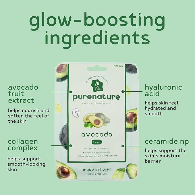 PB & JAY Purenature Facial Mask – Premium Quality Korean Sheet Mask for Dry Skin – Korean Collagen Essence Hydrating Facemask Sheet (Avocado)