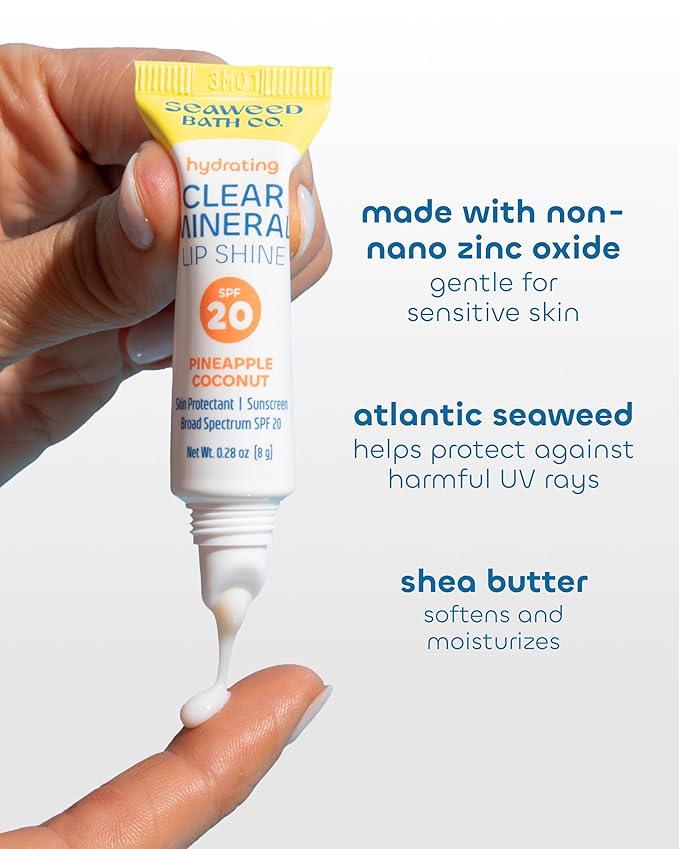 Seaweed Bath Co. Hydrating Clear Mineral Lip Shine - SPF 20 Sunscreen Zinc Oxide Lip Balm - Nourishing Care to Hydrate & Protect Dry, Chapped Lips - Natural Pineapple Coconut Flavor- 0.28 oz
