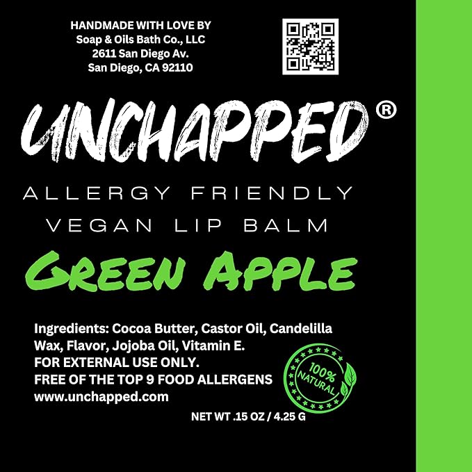 Vegan Lip Balm 5 Pack - All Natural and Free of Beeswax, Soy, Nut, and Top 9 Food Allergens (Mint, Lemon Lime, Green Apple, Honey, Cocoa Butter)