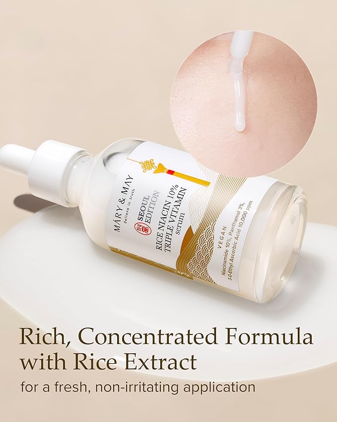Mary&May SEOUL EDITION Rice Niacinamide 10% Triple Vitamin Serum - Korean Radiance Serum for Even Skin Tone and Healthy Glow - Niacinamide, and Vitamins - Fragrance-Free, Cruelty-Free, 2.7 fl.oz.