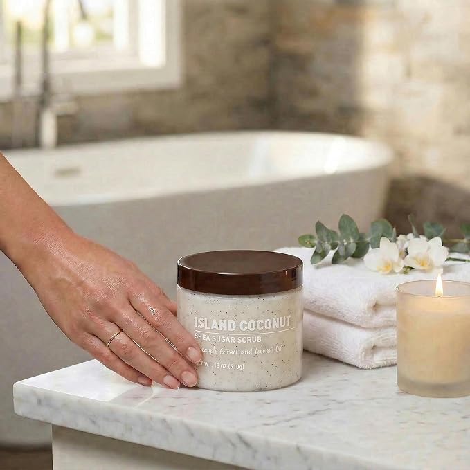 Island Coconut Sugar Scrub – Exfoliating Body Scrub for Women, Moisturizing Shea Butter, Natural Sugar Exfoliant, Hand and Foot Scrub, Paraben-Free, All Skin Types, 18 oz (Pack of 2)