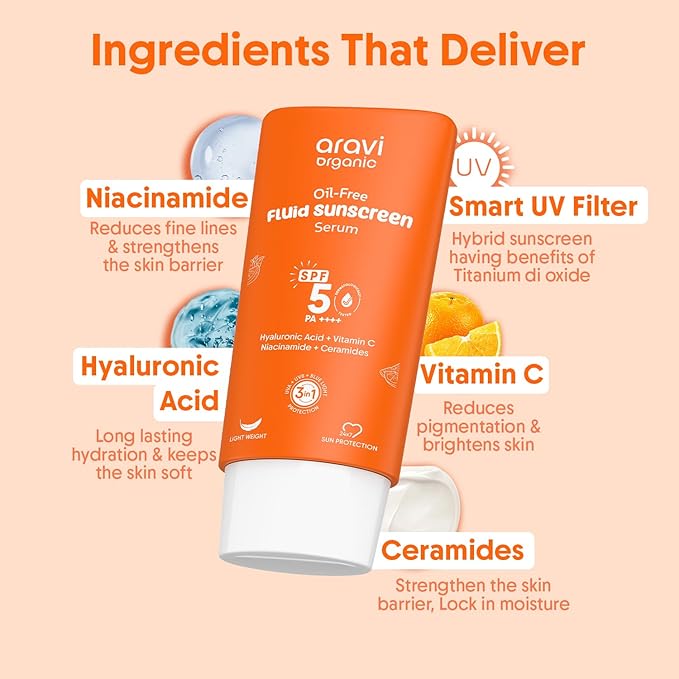 Aravi Organic Oil-Free Fluid Sunscreen SPF 50 PA++++ | (In-Vivo) Dermatologically Tested | Ultra-Light,No White Cast | Broad Spectrum Protection | Hyaluronic Acid & Vitamin C - 1.6 FL Oz / 50ml
