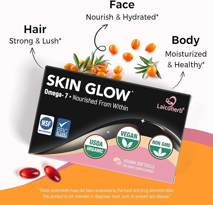 Laicuherb Skin Glow Sea Buckthorn Oil Capsules Support Face, Hair & Nails with Omega 3 6 9 & 7, Co2 Extracted, Himalayan Sea Buckthorn Berry Omega 3 Supplement Support Skin Hydration & Elasticity