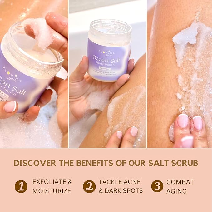 Sea Salt Body Scrub by Florida Suncare - Ocean Salt Body Polish Infused with Marine Algae - Exfoliating Face and Body Scrub - Facial Scrub Exfoliator to Tackle Acne and Scars (Coconut Mango, 3.3 oz)