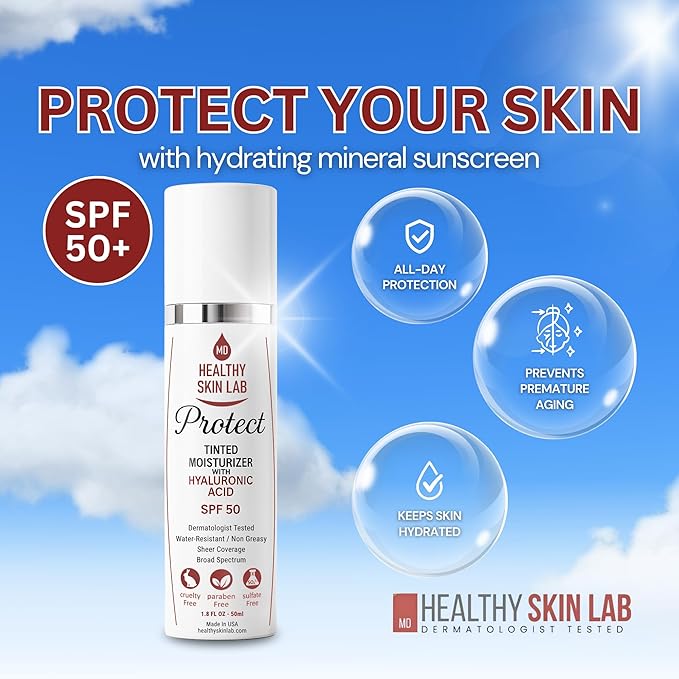Healthy Skin Lab Protect Tinted Moisturizer SPF 50, Sheer Universal Tint, Lightweight Hydrating Mineral Sunscreen for Face, Hyaluronic Acid, Broad Spectrum Daily SPF, Dermatologist Tested, 1.8 oz