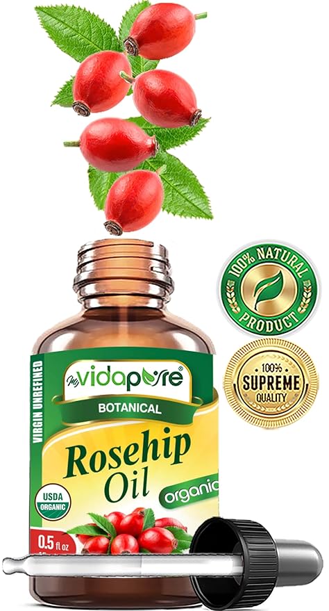 MYVIDAPURE Organic Rosehip Oil Certified Organic Wild Growth RAW Pure Virgin UNREFINED for Face, Body, Hair and Lip Care (0.5 Fl Oz)