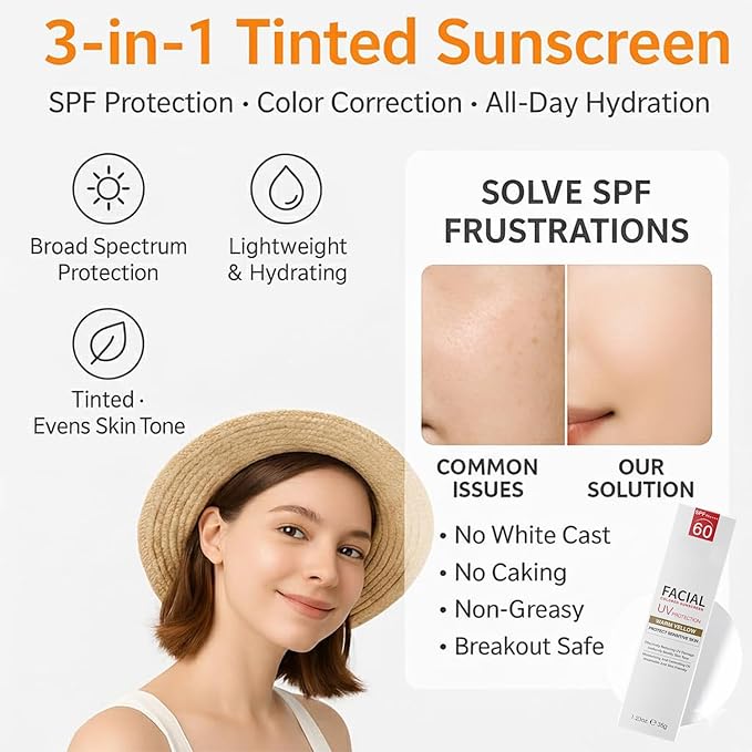 Tinted Mineral Face Sunscreen SPF 60, Tinted Moisturizer with SPF & Hyaluronic Acid, Mineral Sunscreen for Dry Sensitive Skin, Moisturizes and Protects, Ultra-Lightweight, Non-Greasy