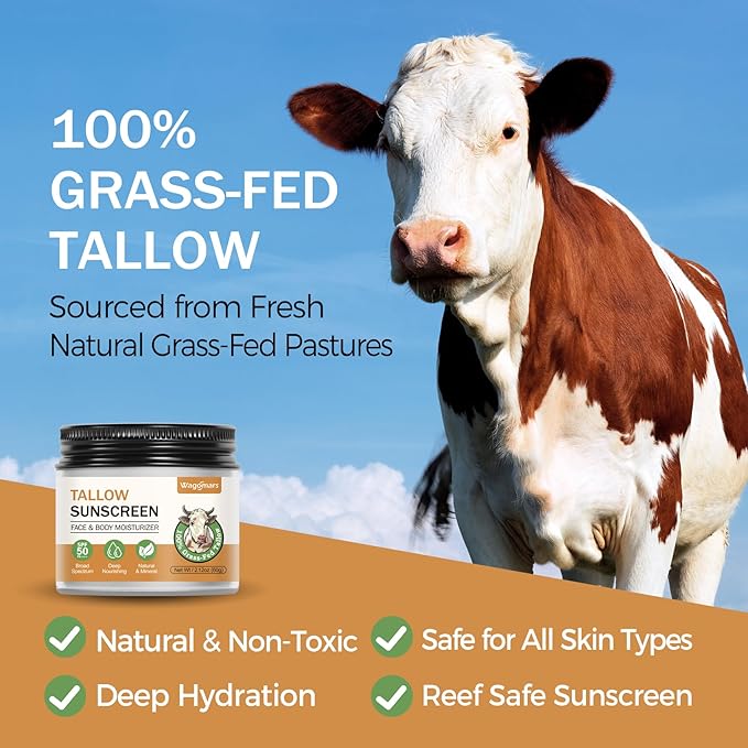 Beef Tallow Sunscreen SPF 50 - Mineral Sunscreen with Zinc Oxide - Non-Toxic Natural Sunblock for Face & Body - Water Resistant, Reef Safe, Moisturizing for Dry and Sensitive Skin