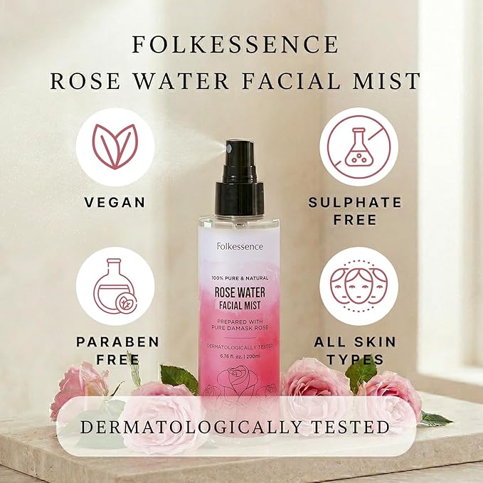 Folkulture Rose Water Facial Mist Spray 6.76 Fl Oz | 100% Pure, Natural Damask Rose Water Spray for Face & Hair | Face Mist, Toner, Skin Care, Haircare | Beauty Essentials & Gifts for Women