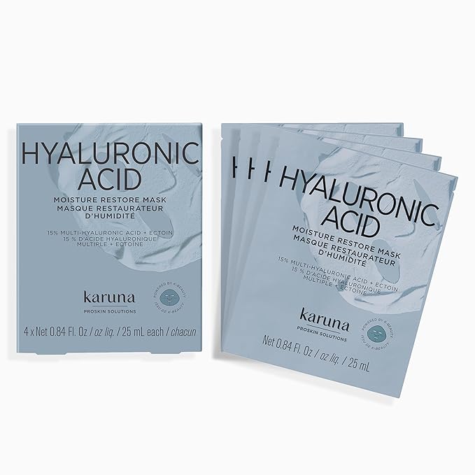 Karuna Hyaluronic Acid Moisture Restore Sheet Mask 4-Pack – 15% Multi-Hyaluronic Acid, 5% Niacinamide & Ectoin – Deep Hydration & Plumping K-Beauty Face Mask for Dry Skin – Clean, Vegan & Cruelty-Free