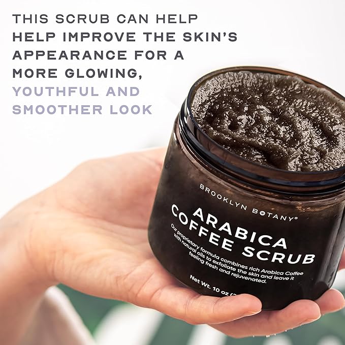 Brooklyn Botany Arabica Coffee Body Scrub - Moisturizing and Exfoliating for Body, Face, Hand, Foot - Fights Stretch Marks, Fine Lines, Wrinkles - Great Gifts for Women & Men - 10 oz