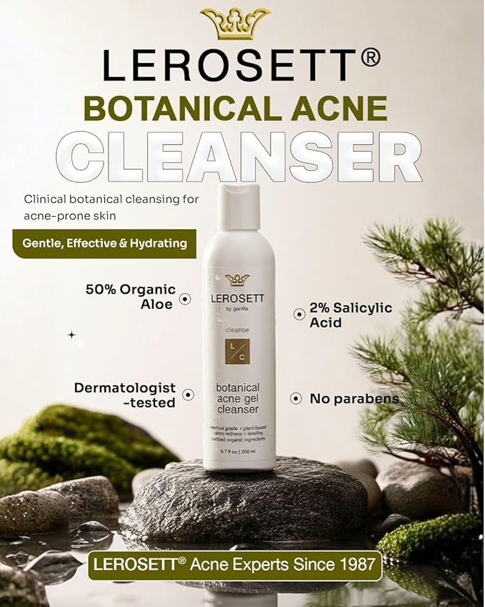 LEROSETT Botanical Acne Cleanser, Foaming Gel Face Wash for Acne Prone, Vegan, Blackheads & Oily Skin 50% Calming Aloe, 2% Salicylic Acid, All Skin Types. Vegan - 6.7oz 60-Day