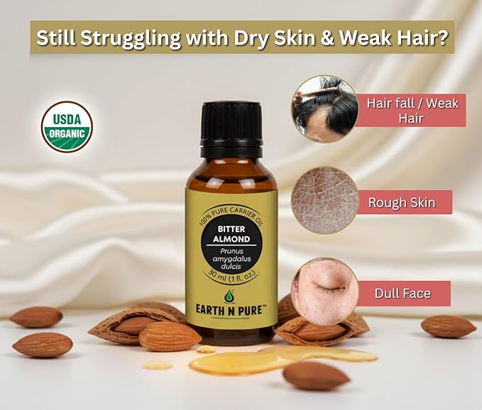 Earth N Pure Bitter Almond Oil | Cold Pressed, Therapeutic Grade for Body, Skin, Hair 50 ml