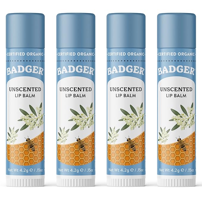 Badger Unscented Classic Lip Balm, 100% Organic Lip Balm for Sensitive Lips, Long Lasting Lip Moisturizer w/Light Silky Texture, 4 Pack