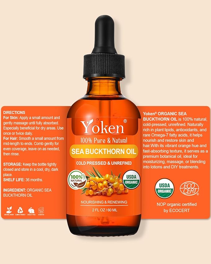 USDA Sea Buckthorn Oil Organic for Face Hair & Nails 2oz - 100% Cold Pressed Natural Facial Oils from SeaBuckthorn Berry for Deep Hydration & Skin Nourishment, aceite de espino amarillo organico