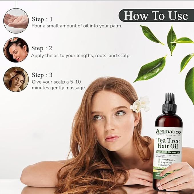 Aromatico Tea Tree Hair Oil with Vitamin E, Jojoba, Castor & Sesame Oils – Lightweight Scalp & Hair Care Oil for Dry Scalp, Shine & Smooth-Looking Hair – Non-Greasy Formula, 200 ml / 7 fl oz