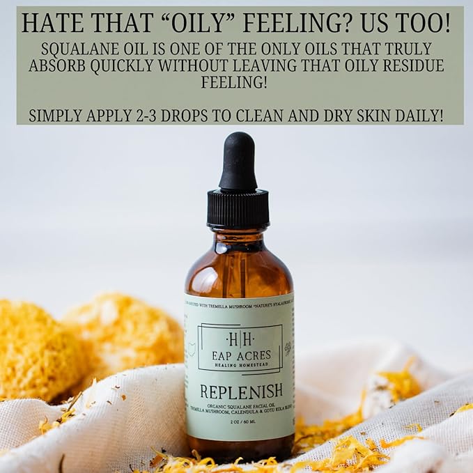 Organic Facial Oil for Dry, Sensitive, Mature skin–Organic Squalane oil Infused with Organic Tremella Mushroom/Calendula/Gotu Kola–Lightweight, Hydrating, Gentle, Soothing, Nourishing (REPLENISH)