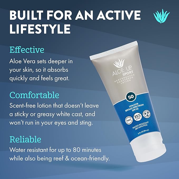 Aloe Up Sport Sunscreen Body Lotion SPF 50 – Broad Spectrum Sunblock With Aloe Vera Gel – Non-Greasy,Skin Sun Protection,No White Cast – Reef Friendly – Water Resistant 80 Minutes–Fragrance-Free–3 Oz