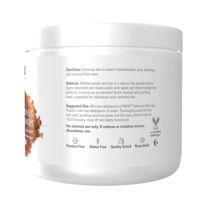 NOW Solutions, Mediterranean Red Clay Powder, Pure Powder for Sensitive Skin Facial Mask, 6-Ounce