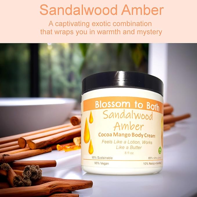 Blossom to Bath Sandalwood Amber Cocoa Mango Body Cream (8 Ounce) - Phthalate Free Fragrance - Feels Like A Lotion And Works Like A Butter with a Woodsy Warm Scent