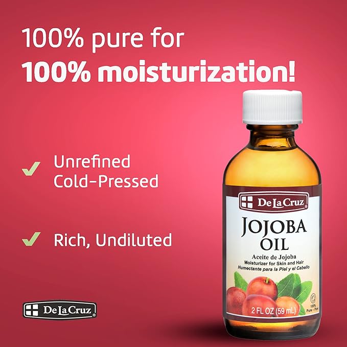 De La Cruz 100% Pure Cold-Pressed Golden Jojoba Oil - Organic Jojoba Oil for Hair and Skin - 2 FL OZ - 59 mL (2 Bottles)