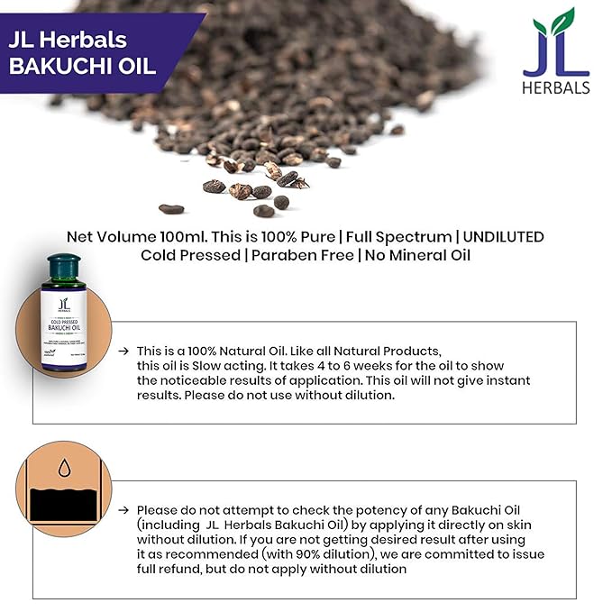 JL Herbals Bakuchi Oil 100ml (3.5 fl.oz) | Babchi | Psoralea corylifolia | 100% Pure & Undiluted | Cold Pressed | for External USE ONLY | USE After Dilution