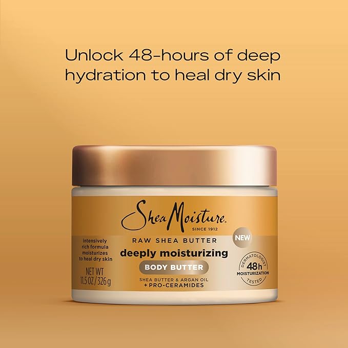 SheaMoisture Deeply Moisturizing Body Butter with Raw Shea Butter, Argan Oil and Pro-Ceramides, Rich Hydration & Healing of Dry Skin, 48H Moisturizing 11.5 oz