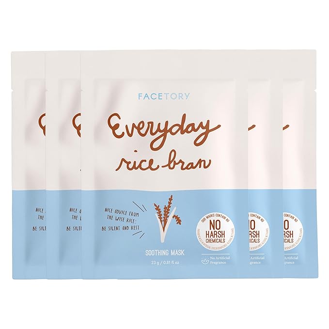 FACETORY K Beauty Face Mask Skin Care - Everyday RICE BRAN Soothing Sheet Mask | Plant-Based Rice Face Mask (5 Pack)