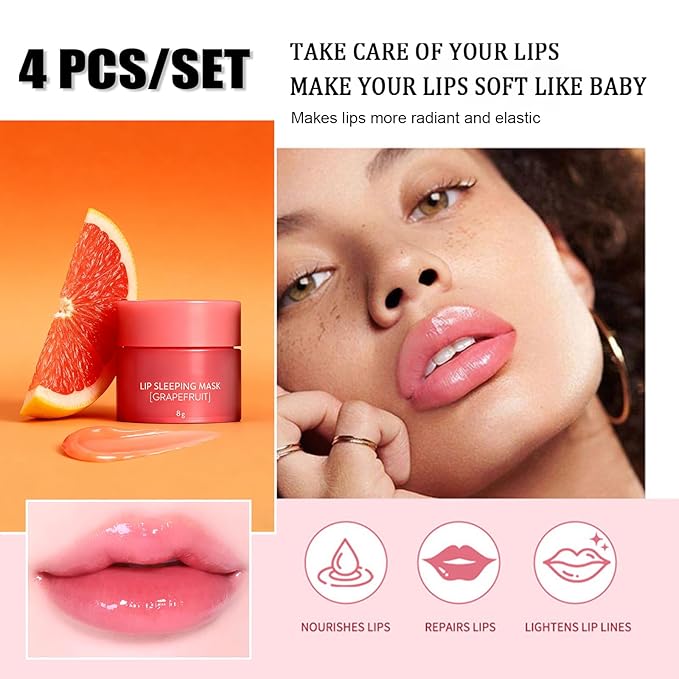 4PCS Lip Sleeping Mask，Korean Lip Mask Jelly Sleep Lip Balm，Lip Mask Set，Reduce Lip Lines and Improve Lip Color，Overnight Lip Treatment Care for Dry Cracked Lips，Moisturizing, Hydrating, Nourishing
