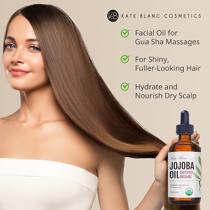 Kate Blanc Cosmetics Jojoba Oil Organic for Hair, Skin & Face (4oz, 100% Pure, Cold Pressed, Natural, Hexane Free, Glass Bottle) (Pack of 2)