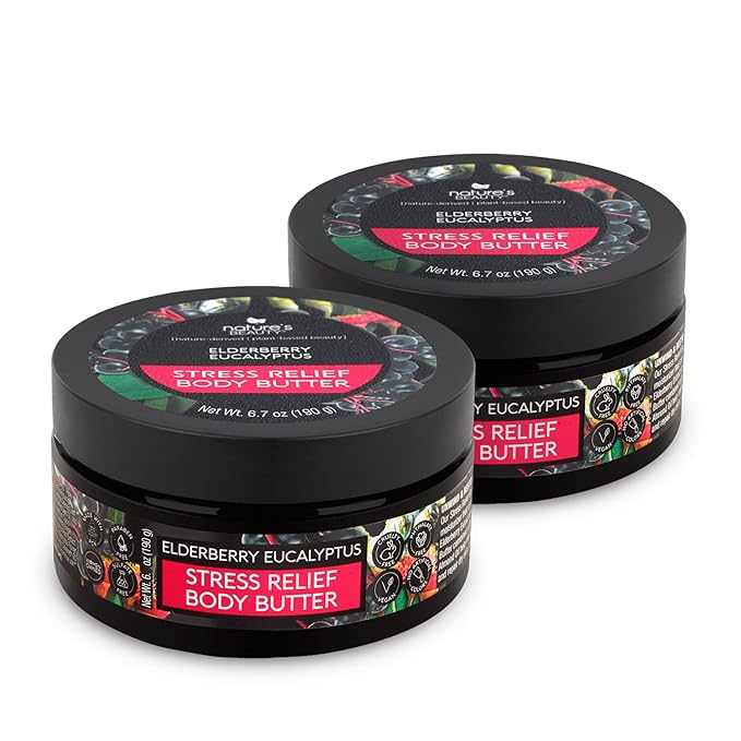 Nature's Beauty Elderberry Eucalyptus Stress Relief Body Butter Multi-Pack - Luxury Moisturizer, Unwind + Restore Your Skin, Made w/Shea Butter, Avocado + Sweet Almond Oil, 6.7 oz (2 Pack)