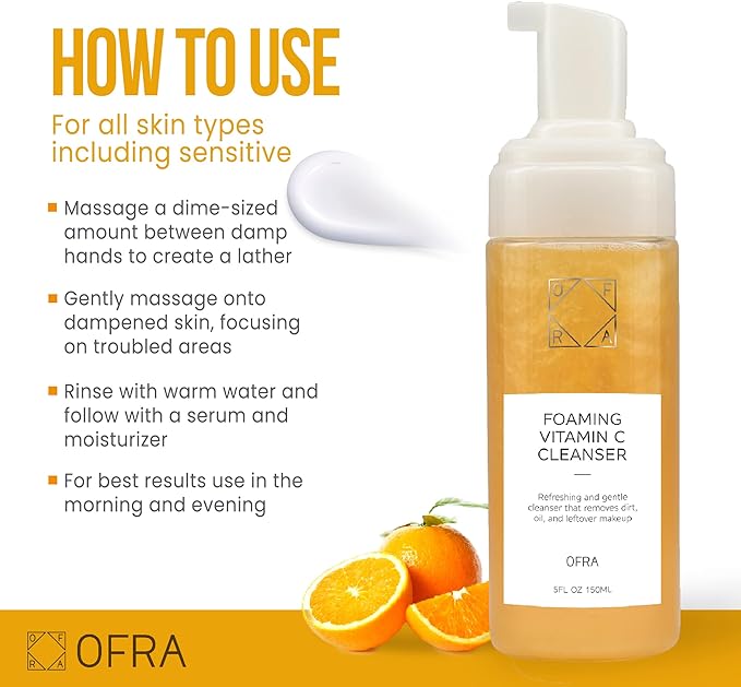 OFRA Cosmetics Foaming Vitamin C Cleanser - Frothy Face Wash Cleaner for Smooth & Glowing Skin - Daily Cleansing Skin Care for Removing Makeup, Dirt & Oil - Gentle Vegan Formula - Citrus Scent, 150mL
