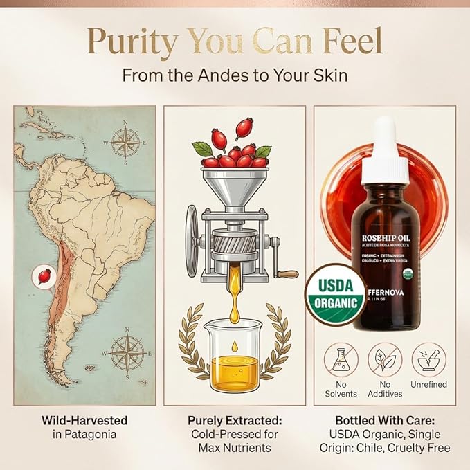 Offernova Organic Rosa de Mosqueta Oil- USDA Certified Rosehip Seed Oil Pure Cold Pressed, Repairs & Brightens Skin - Gua Sha Massage, Face, for All Skin Types - Aceite Facial 1OZ