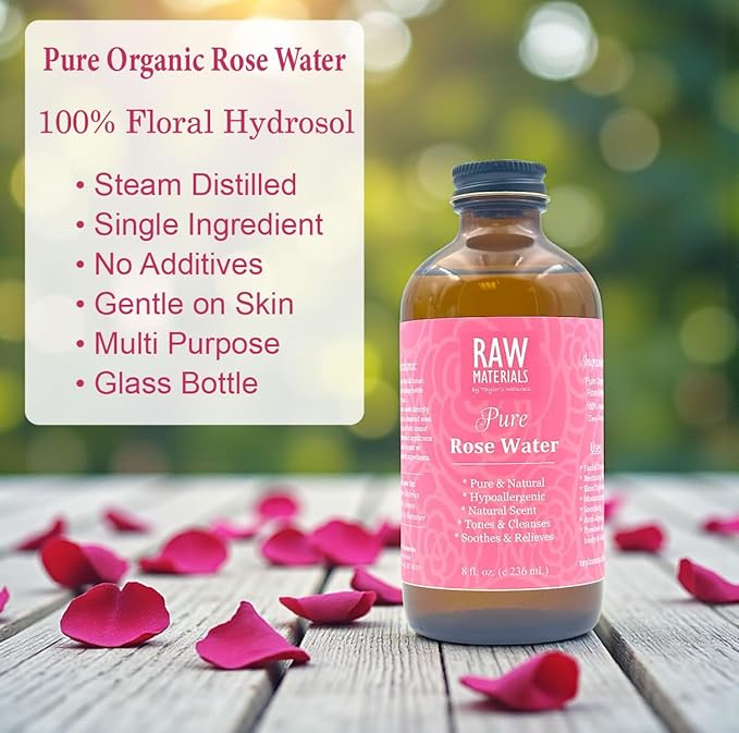 RAW MATERIALS Rose Water - Pure Organic Hydrosol Rose Water Mist Hydrating Facial Toner - Face, Body, Hair - Vegan Beauty Skincare - Various Sizes in Glass Bottles (8oz)