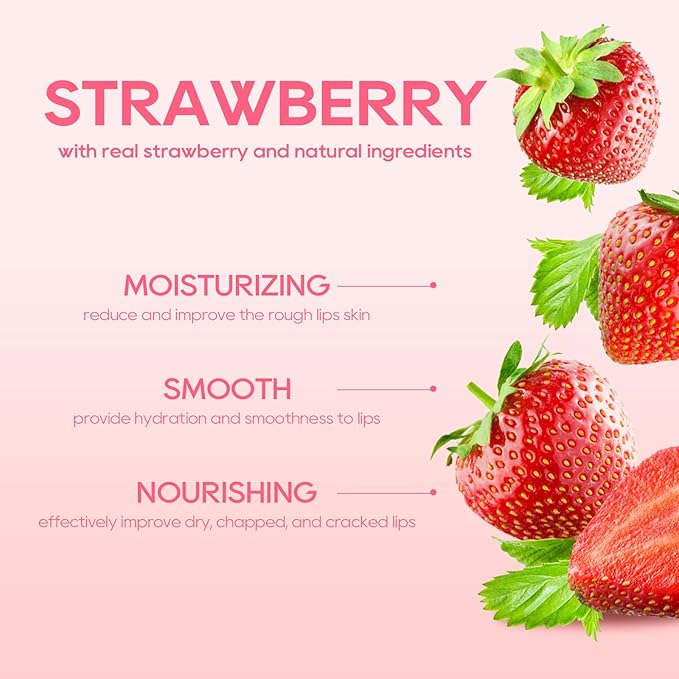 KYDA 3 Pcs Strawberry Lip Balm, Deep Hydrating Tinted Lip Balm, Reduce Fine Lines, Daily Lip Moisturizer for Dry Cracked Lips, with Real Strawberry Extract