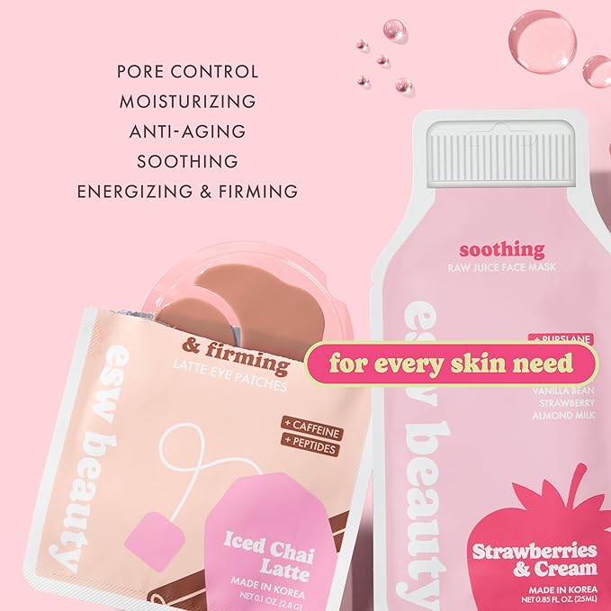 ESW Beauty Most Loved K Beauty Skincare Set - Hydrating Face Masks & Under Eye Patches - Iced Chai Latte Eye Patches - Strawberries & Cream, Deep Detox, The Pink Dream, & Green Reset Face Masks