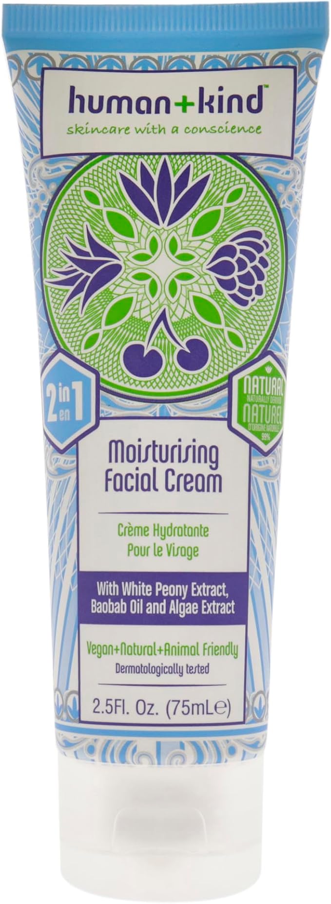 Human+Kind Moisturizing Facial Cream - Nourishing, Smoothing, Lightweight Daily Face Cream to Hydrate - White Peony Extract to Reduce Redness - Vegan, Soothing on Sensitive Skin - 2.5 oz