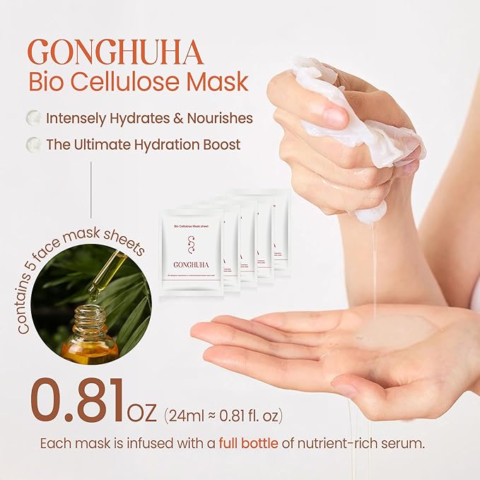Red Ginseng Bio Cellulose Face Mask - Deep Hydrating Sheet Mask with Honeysuckle & Cica - Soothing Korean Skincare for Glowing Skin - 5 Count Box