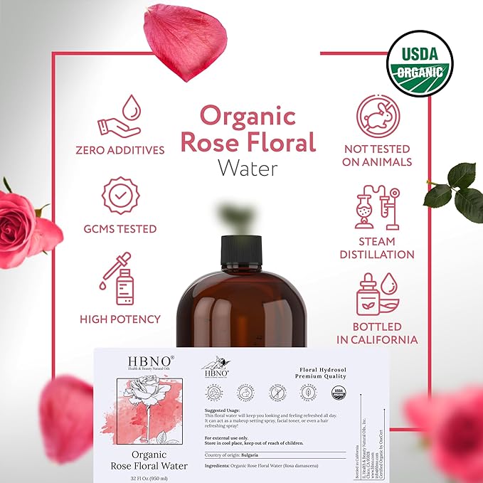 HBNO Organic Rosewater - 32 oz (950ml) Value Size - Ideal for Face Mists, Room Sprays, Fragrances, Candles, Makeup Fixers, Face wash, Lotions, and Skin Care Products.