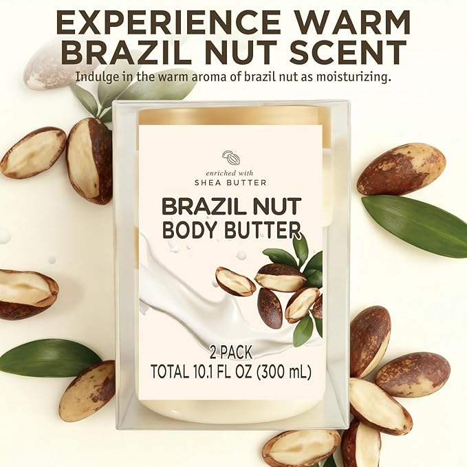 Brazil Nut Body Butter, Shea Body Butter for Women Dry Skin, Natural Brazil Nut Lotion for Body Care Smell Good-3.4 floz+6.8 floz(100ml+200ml)