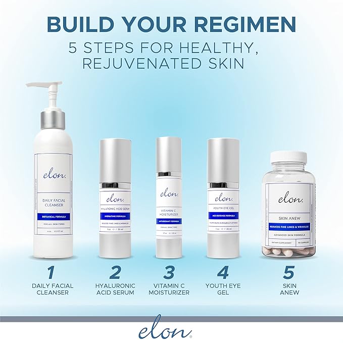 Elon Hyaluronic Acid Serum for Face & Neck - Revitalizing Daily Facial Serum Vitamin C and Hyaluronic Acid, E & Jojoba Oil - Promotes Deep Hydration & Collagen Production - Suitable for all Skin Types