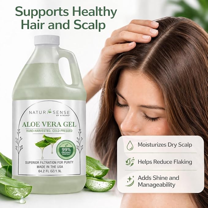 NTRSNS NaturSense 99% Organic Aloe Vera Gel 64.2 oz, Cold Pressed Pure Aloe for Face, Hair, Scalp, Sunburn, Dry Skin, Sensitive Skin, DIY Skincare, Unscented Refill Bottle. Made in USA