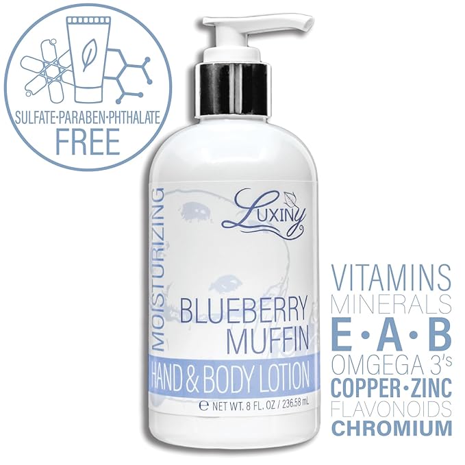 Luxiny Daily Vegan Hand & Body Lotion for Dry Skin,Made with Jojoba Oil & Vitamin E, USA Made, Non Greasy Phthalate/Sulfate/Paraben Free & Cruelty-Free Formula, 8 oz (8 oz, Blueberry Muffin)