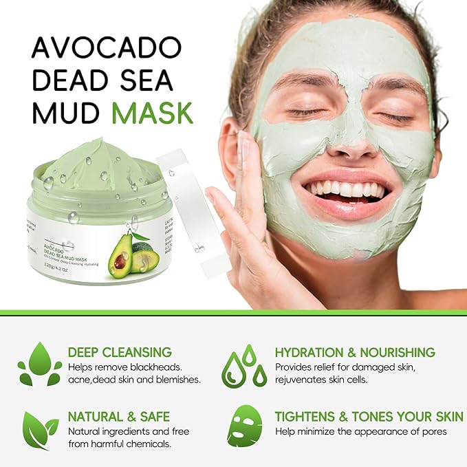 Clay Mud Face Mask for Women,Avocado Dead Sea Mud Facial Mask Skincare,Deeping Cleansing,Oil Control,Hydrating Face Cleaning Clay Masks for All Skin Types (4.2OZ)