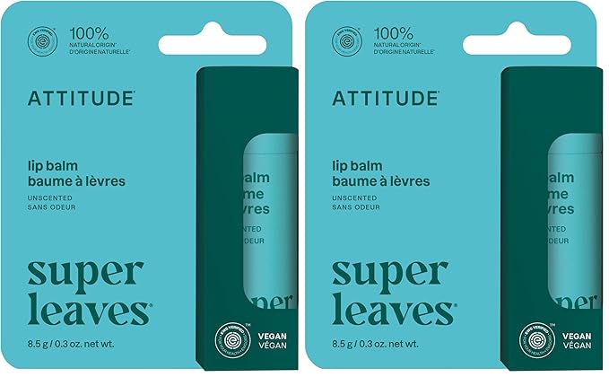 ATTITUDE Plastic-free Lip Balm, EWG Verified Plant- and Mineral-Based Ingredients, Vegan and Cruelty-free Personal Care Products, Unscented, 0.3 Oz (Pack of 2)